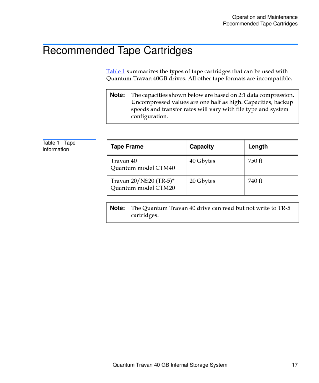 Quantum Travan 40 GB manual Recommended Tape Cartridges, Tape Frame Capacity Length 