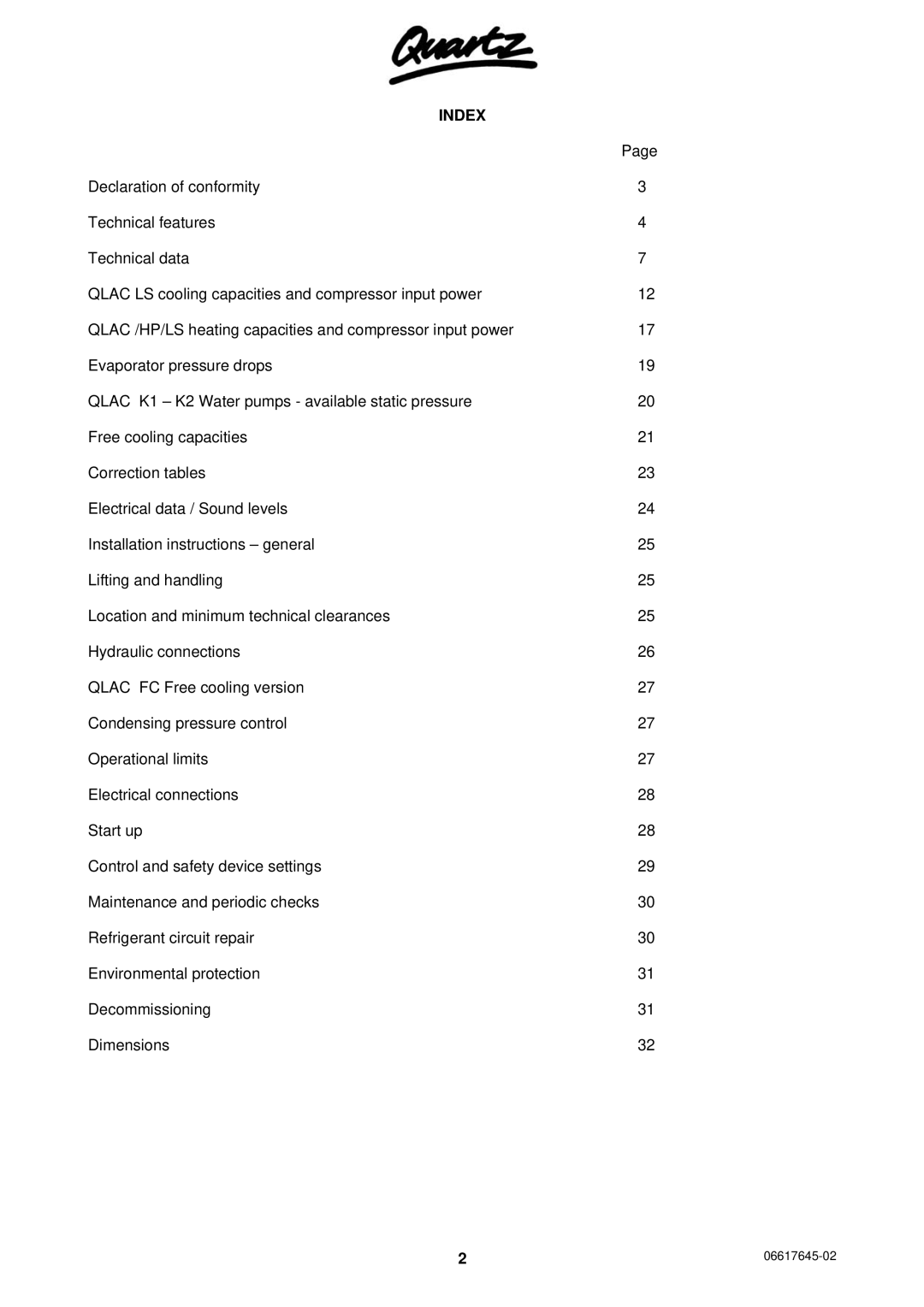 Quartz 06617645-02, TECHNICAL MANUAL AIR COOLED WATER CHILLERS AND HEAT PUMPS WITH AXIAL FANS technical manual Index 