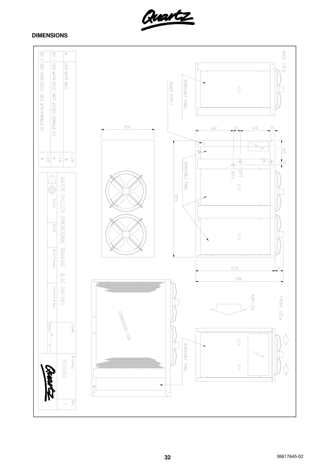 Quartz 06617645-02, TECHNICAL MANUAL AIR COOLED WATER CHILLERS AND HEAT PUMPS WITH AXIAL FANS technical manual Dimensions 