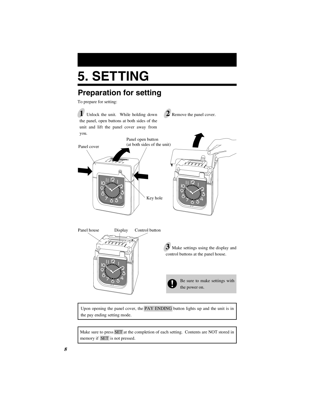 Quartz 500 operation manual Setting, Preparation for setting, To prepare for setting Unlock the unit. While holding down 