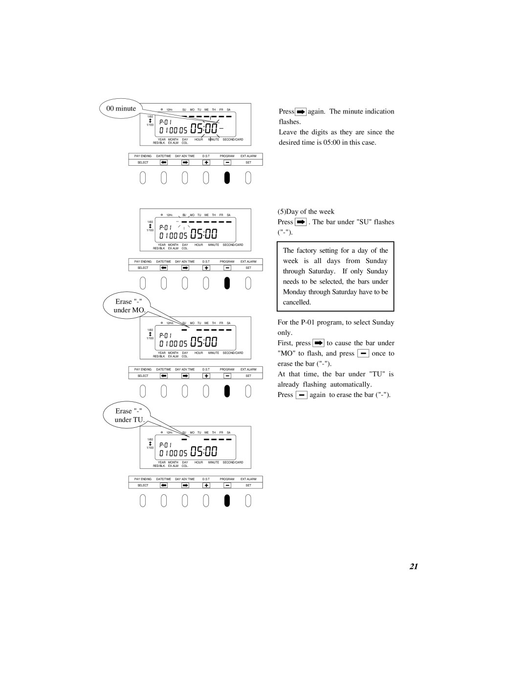 Quartz 500 operation manual Minute, Erase under MO, Erase under TU 