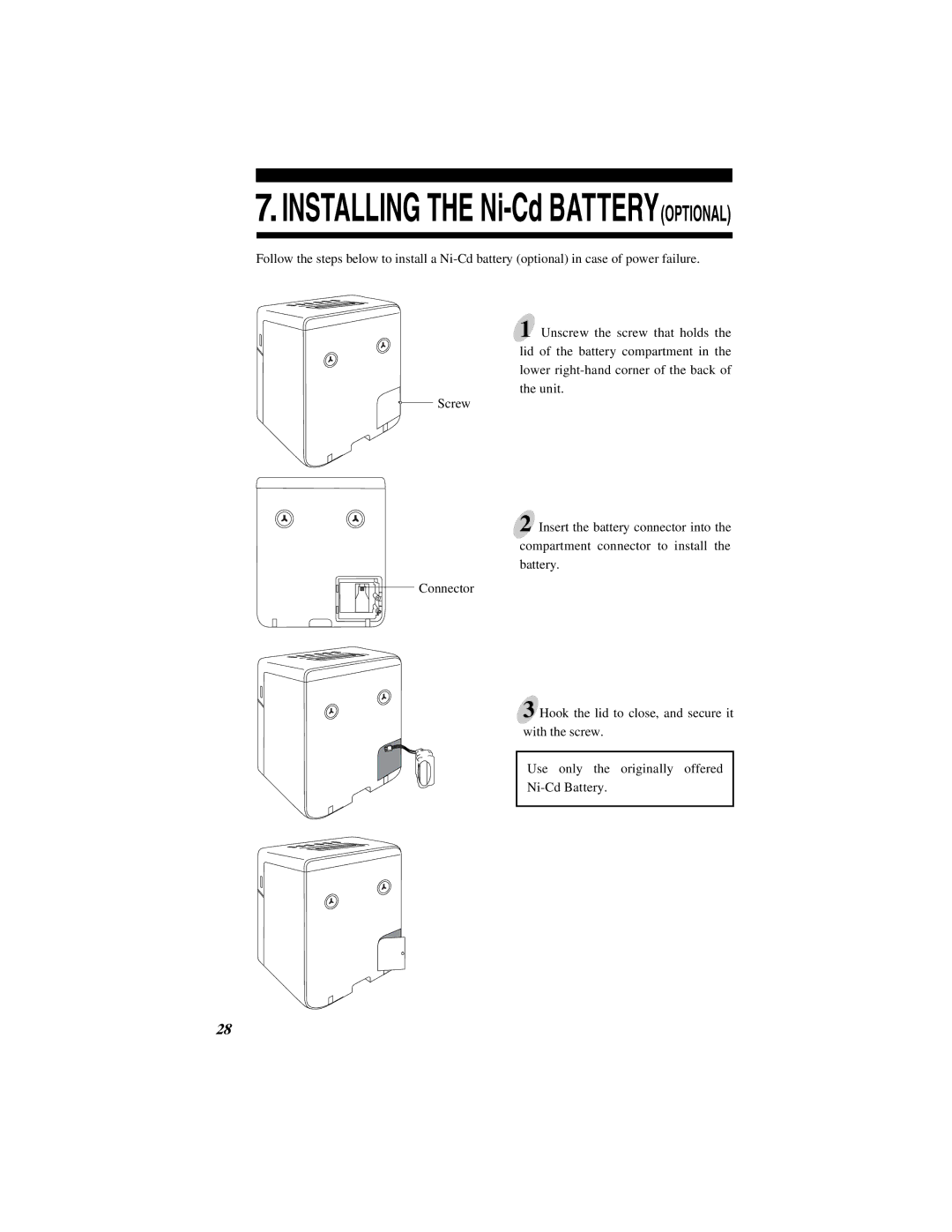 Quartz 500 operation manual Installing the Ni-Cd Batteryoptional 