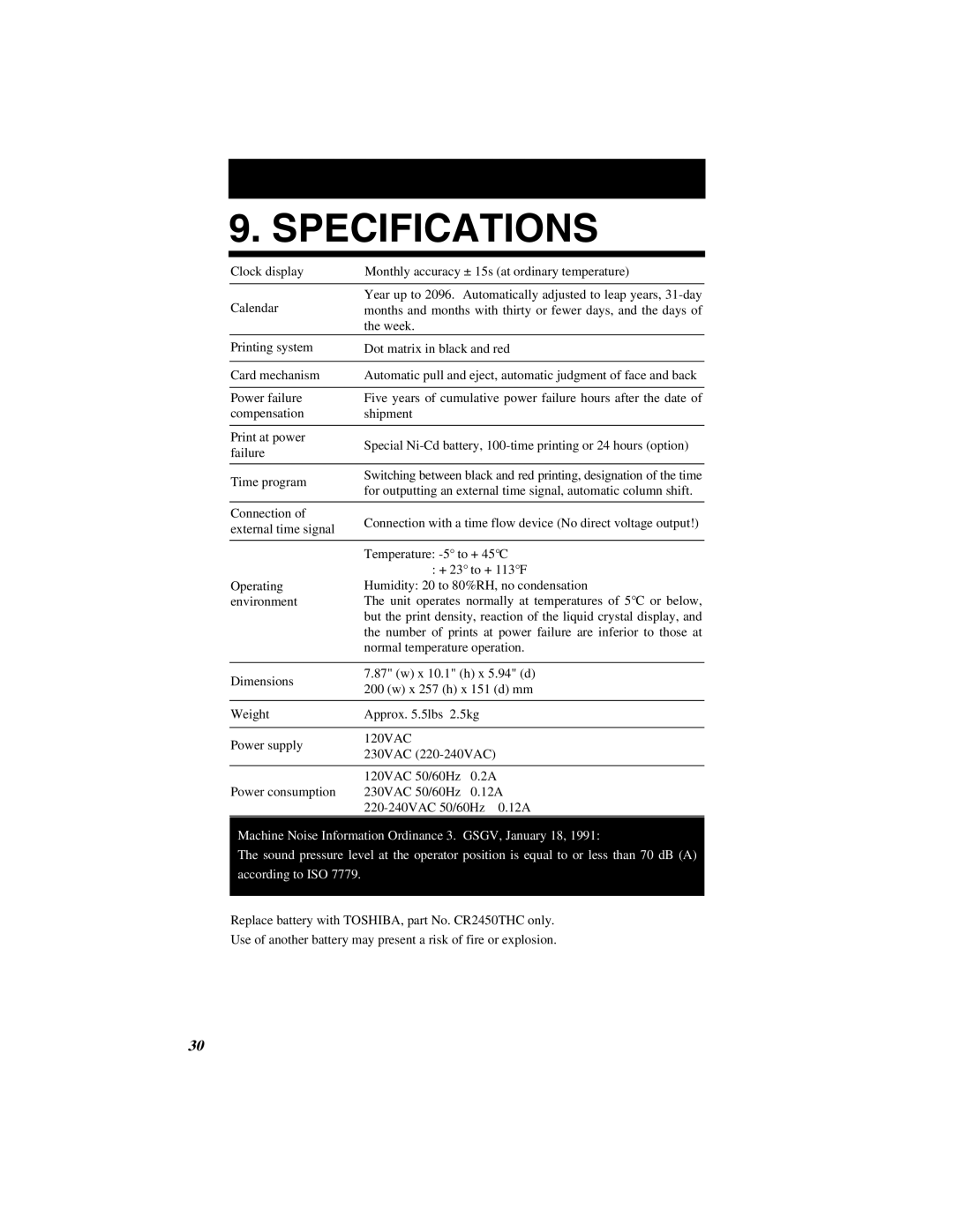 Quartz 500 operation manual Specifications, Connection, External time signal, Temperature -5 to + 45C, + 23 to + 113F 