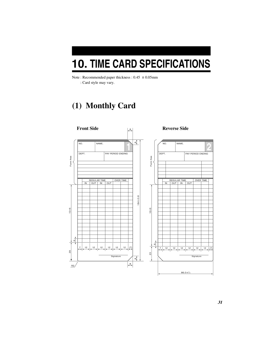 Quartz 500 operation manual Time Card Specifications 