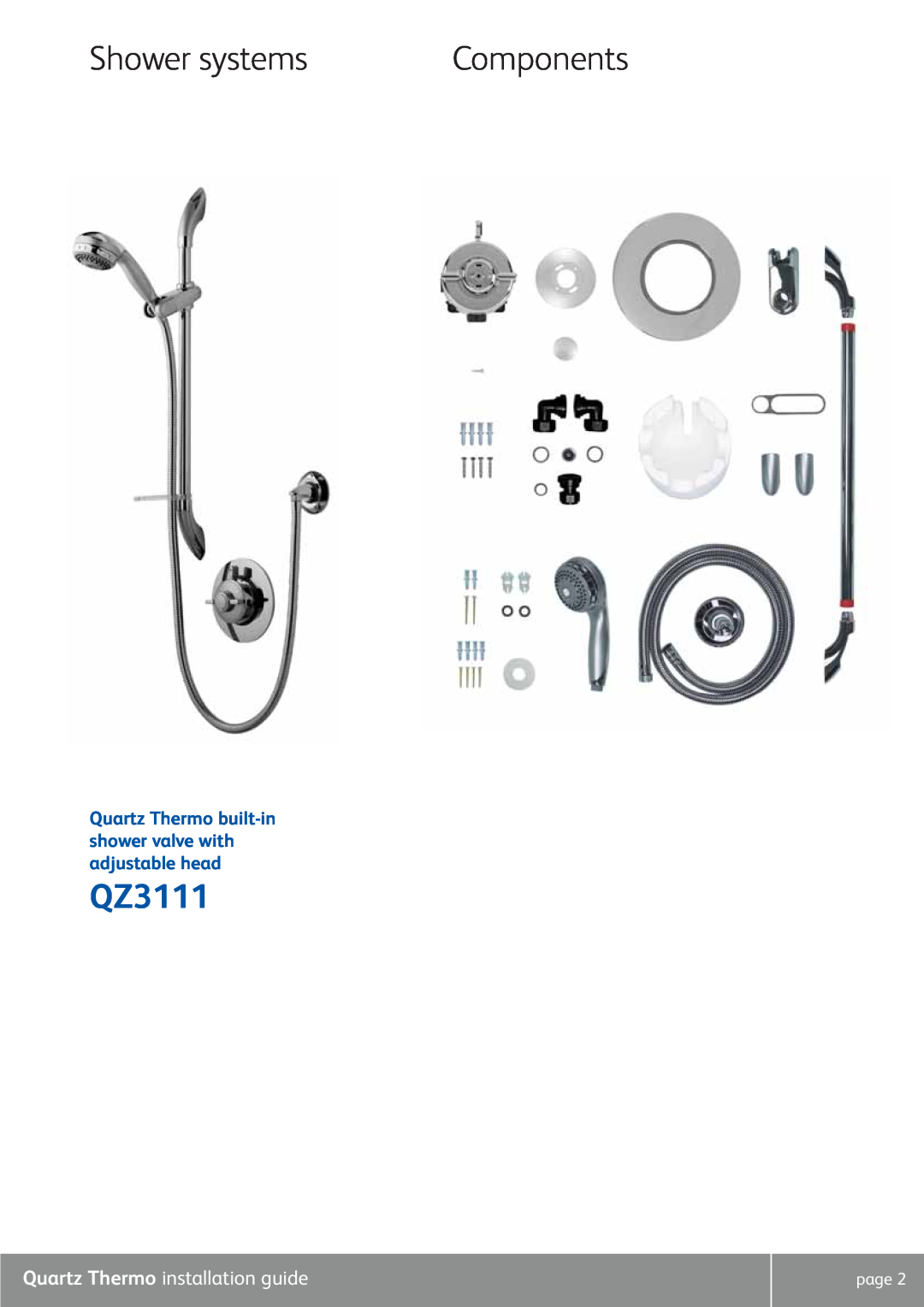 Quartz QZ3111 manual Shower systems, Components, Quartz Thermo installation guide 