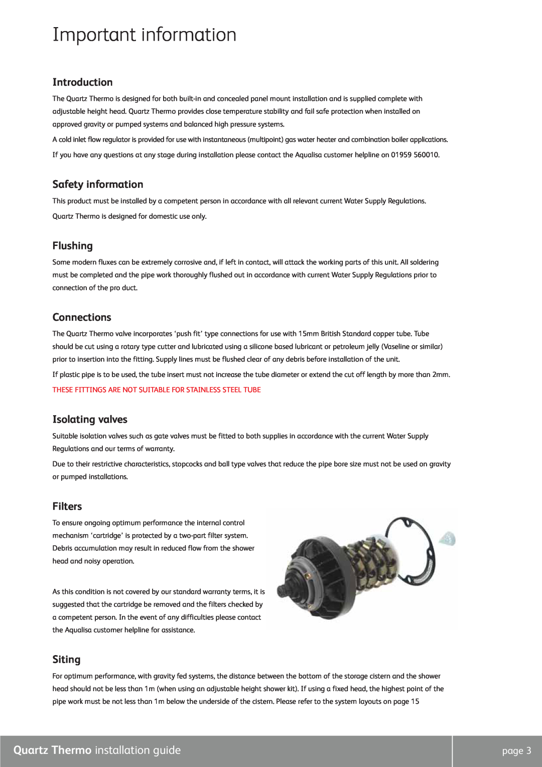 Quartz QZ3111 Important information, Introduction, Safety information, Flushing, Connections, Isolating valves, Filters 