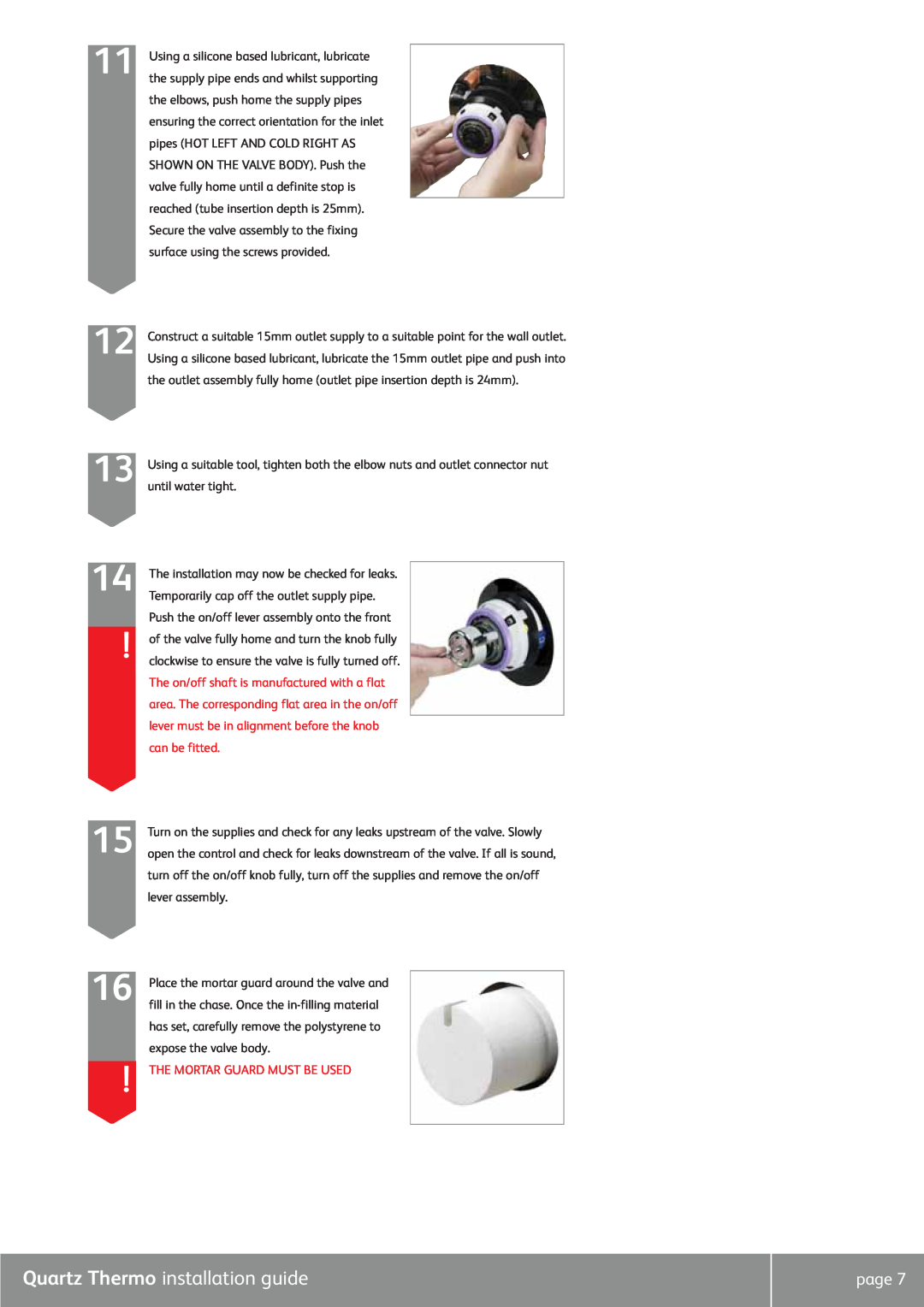 Quartz QZ3111 Quartz Thermo installation guide, Temporarily cap off the outlet supply pipe, The Mortar Guard Must Be Used 