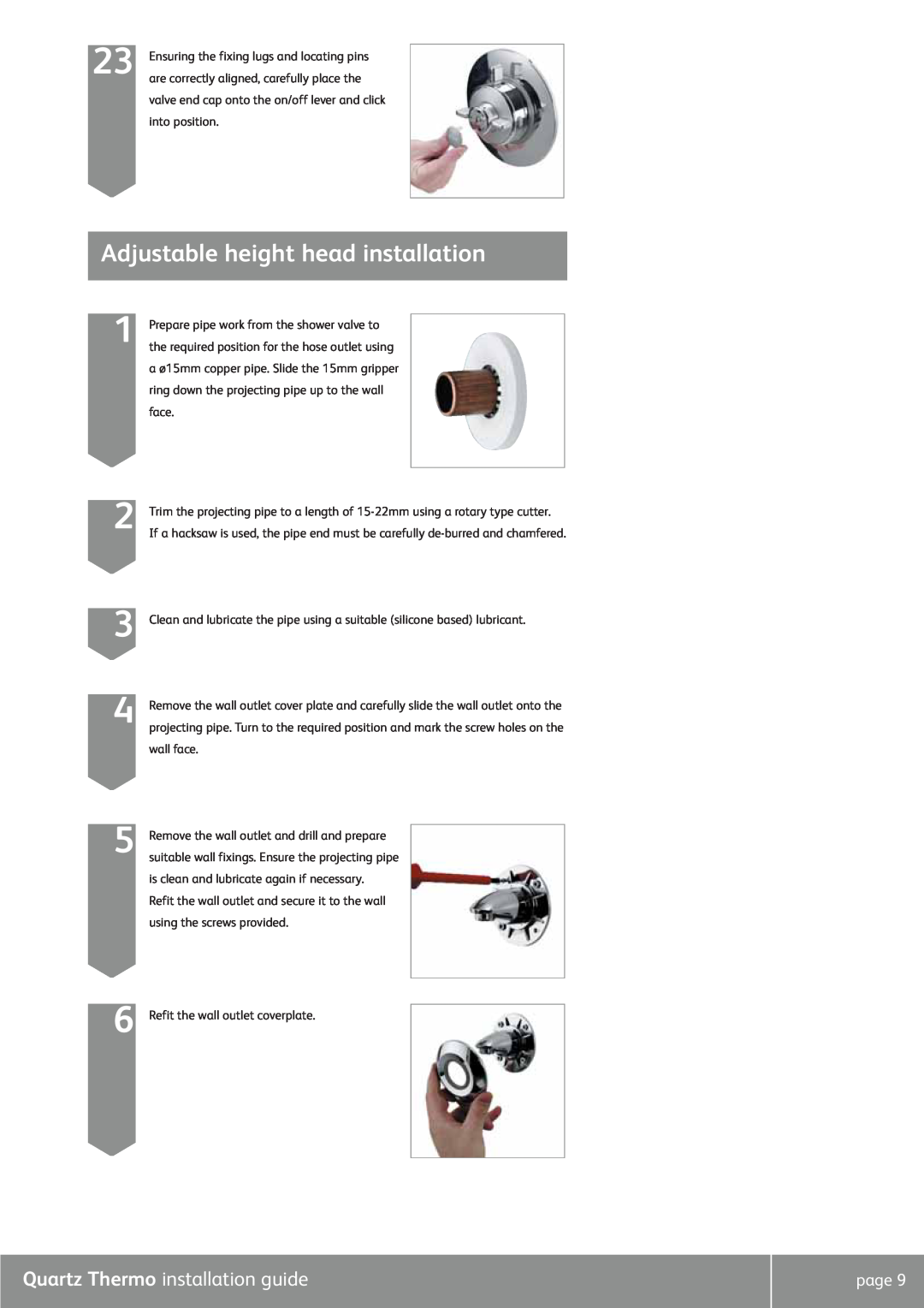 Quartz QZ3111 manual Adjustable height head installation, Quartz Thermo installation guide 