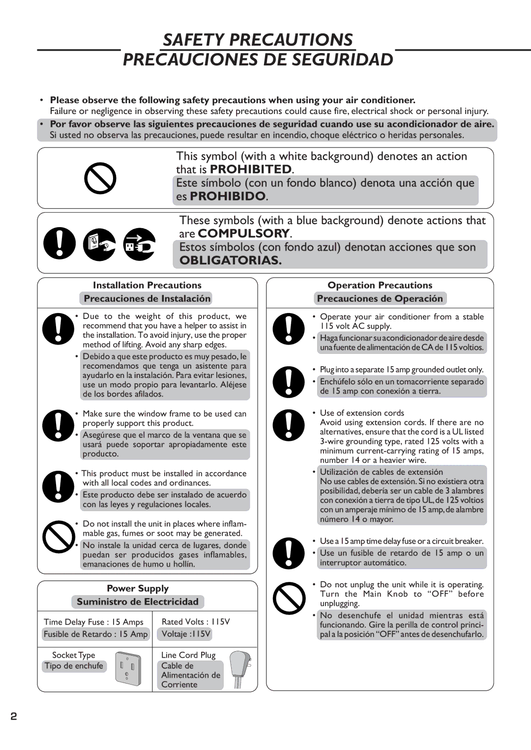 Quasar HQ-2081SH Safety Precautions Precauciones DE Seguridad, Obligatorias, Power Supply Suministro de Electricidad 