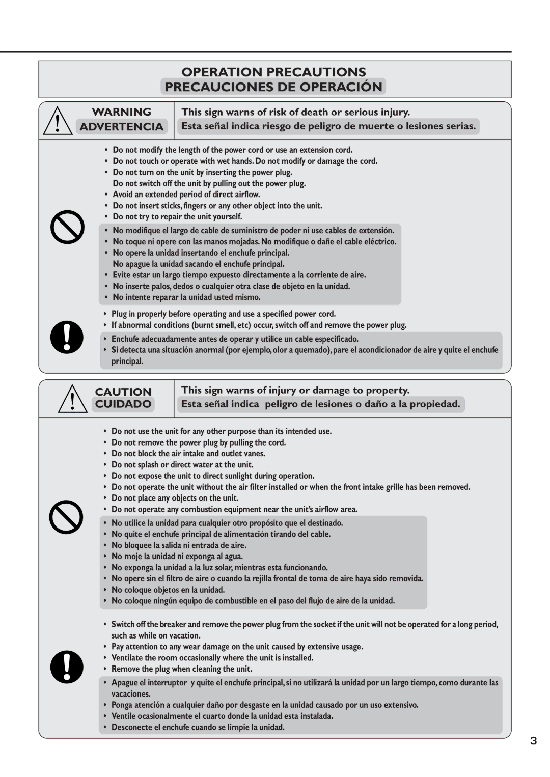 Quasar HQ-2081SH operating instructions Operation Precautions Precauciones DE Operación, Advertencia 