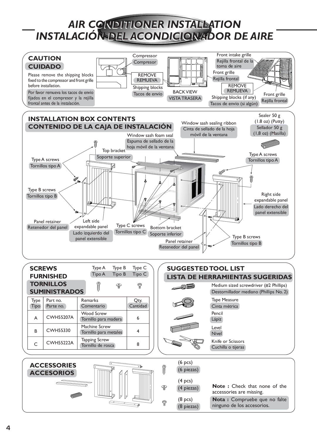 Quasar HQ-2081SH Cuidado, Screws, Furnished, Tornillos Suministrados, Piezas Ninguno de los accesorios 