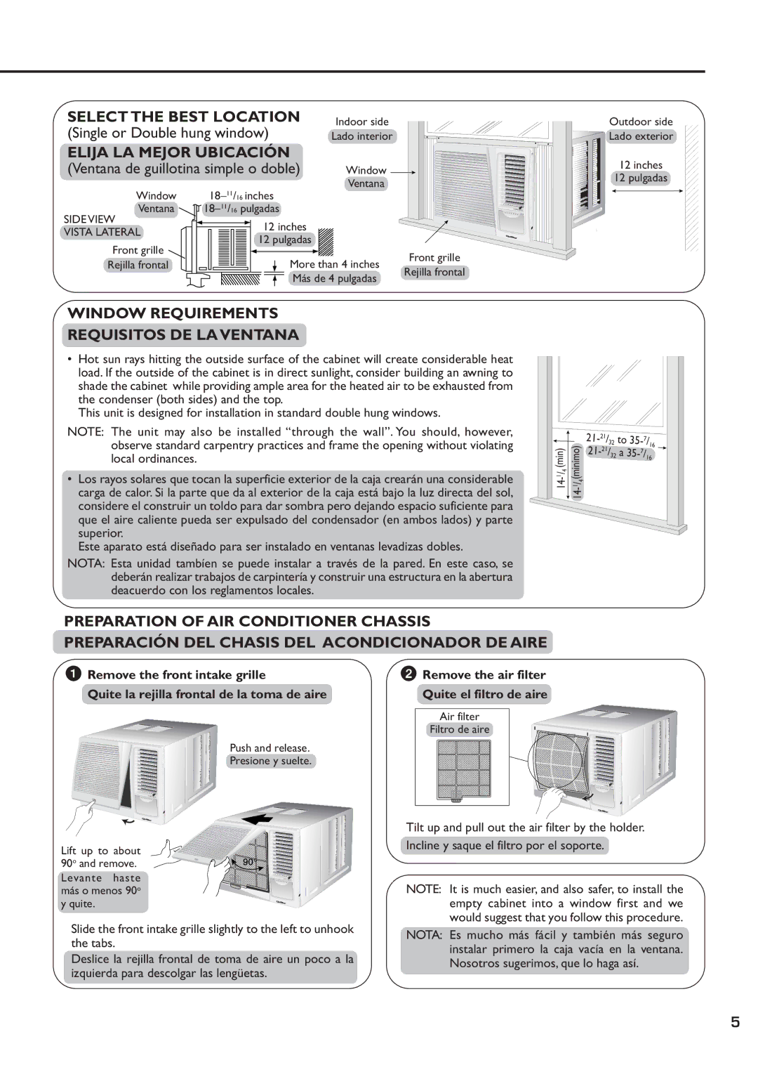 Quasar HQ-2081SH Select the Best Location, Elija LA Mejor Ubicación, Window Requirements Requisitos DE LA Ventana 