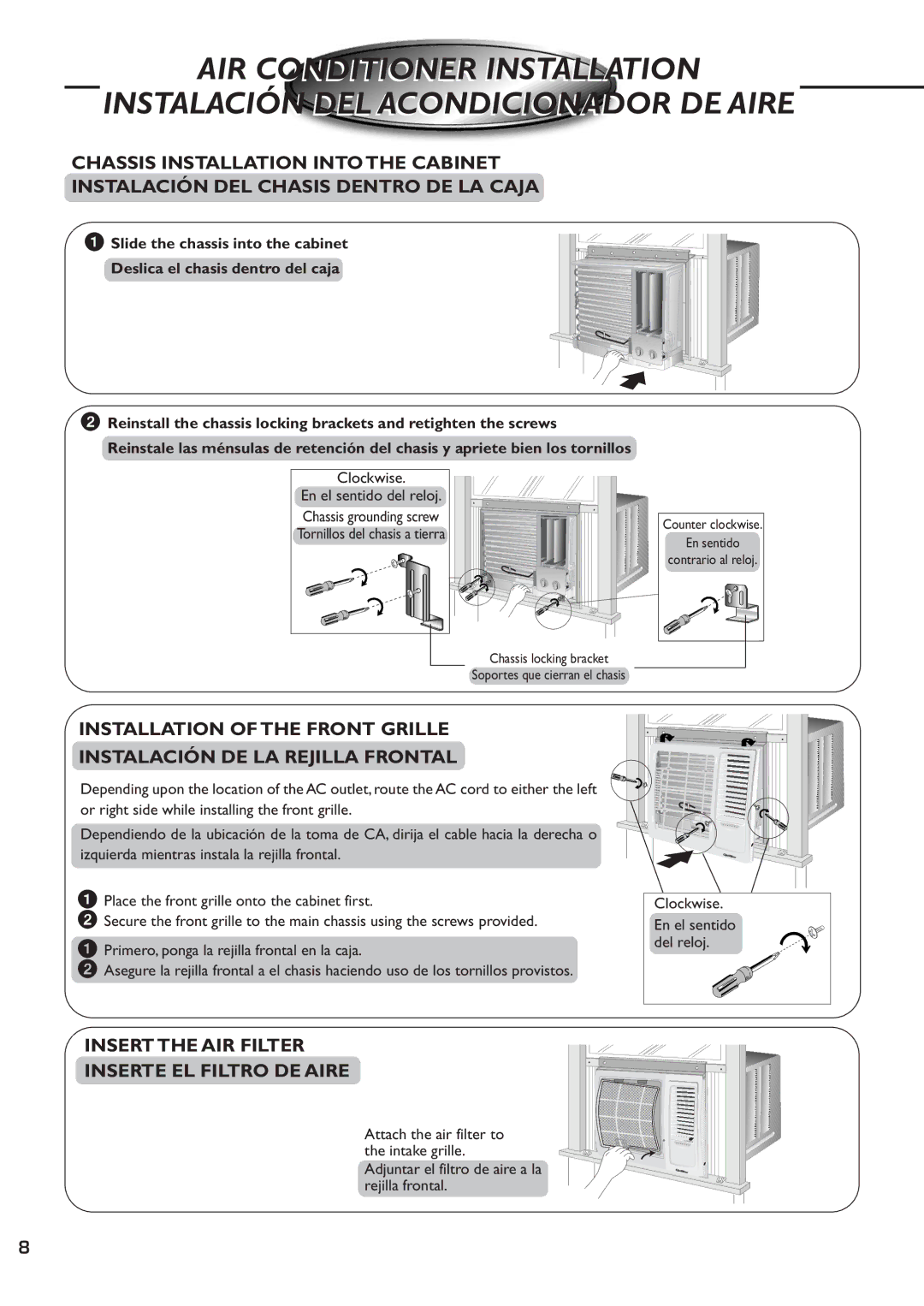 Quasar HQ-2081SH operating instructions Insert the AIR Filter Inserte EL Filtro DE Aire, Clockwise, Del reloj 