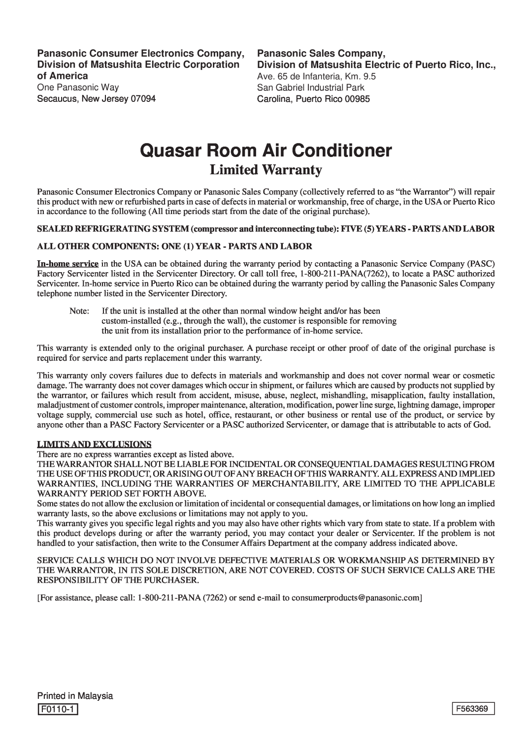 Quasar HQ-2081SH Quasar Room Air Conditioner, Limited Warranty, Panasonic Consumer Electronics Company, of America 