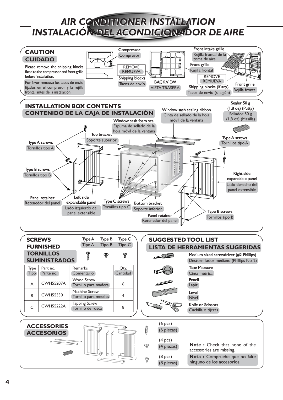 Quasar HQ-2081SH Air Conditioner Installation, Instalación Del Acondicionador De Aire, Cuidado, Screws, Furnished 