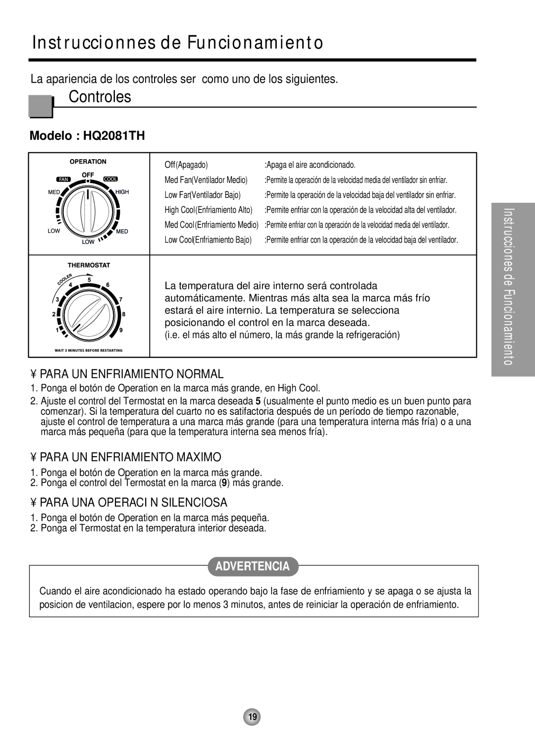 Quasar HQ-2081TH Instruccionnes de Funcionamiento, Controles, Para UN Enfriamiento Normal, Para UN Enfriamiento Maximo 