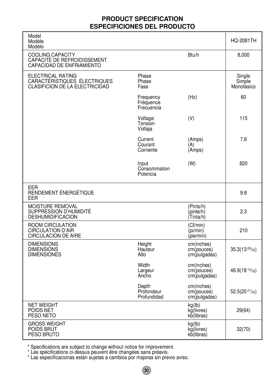 Quasar HQ-2081TH manual Product Specification Especificiones DEL Producto 