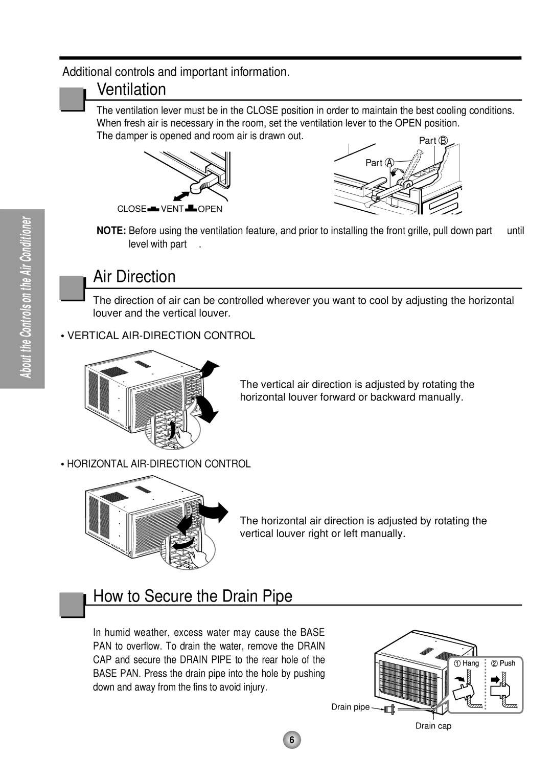 Quasar HQ-2081TH manual Ventilation, Air Direction, How to Secure the Drain Pipe 