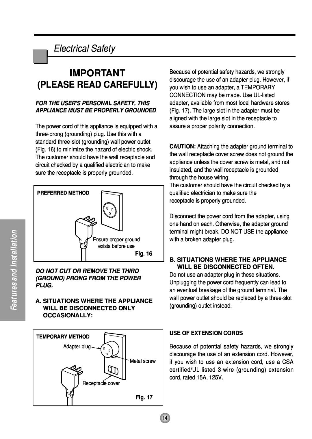 Quasar HQ-2081TH manual Electrical Safety, Please Read Carefully, Use Of Extension Cords, Features and Installation 