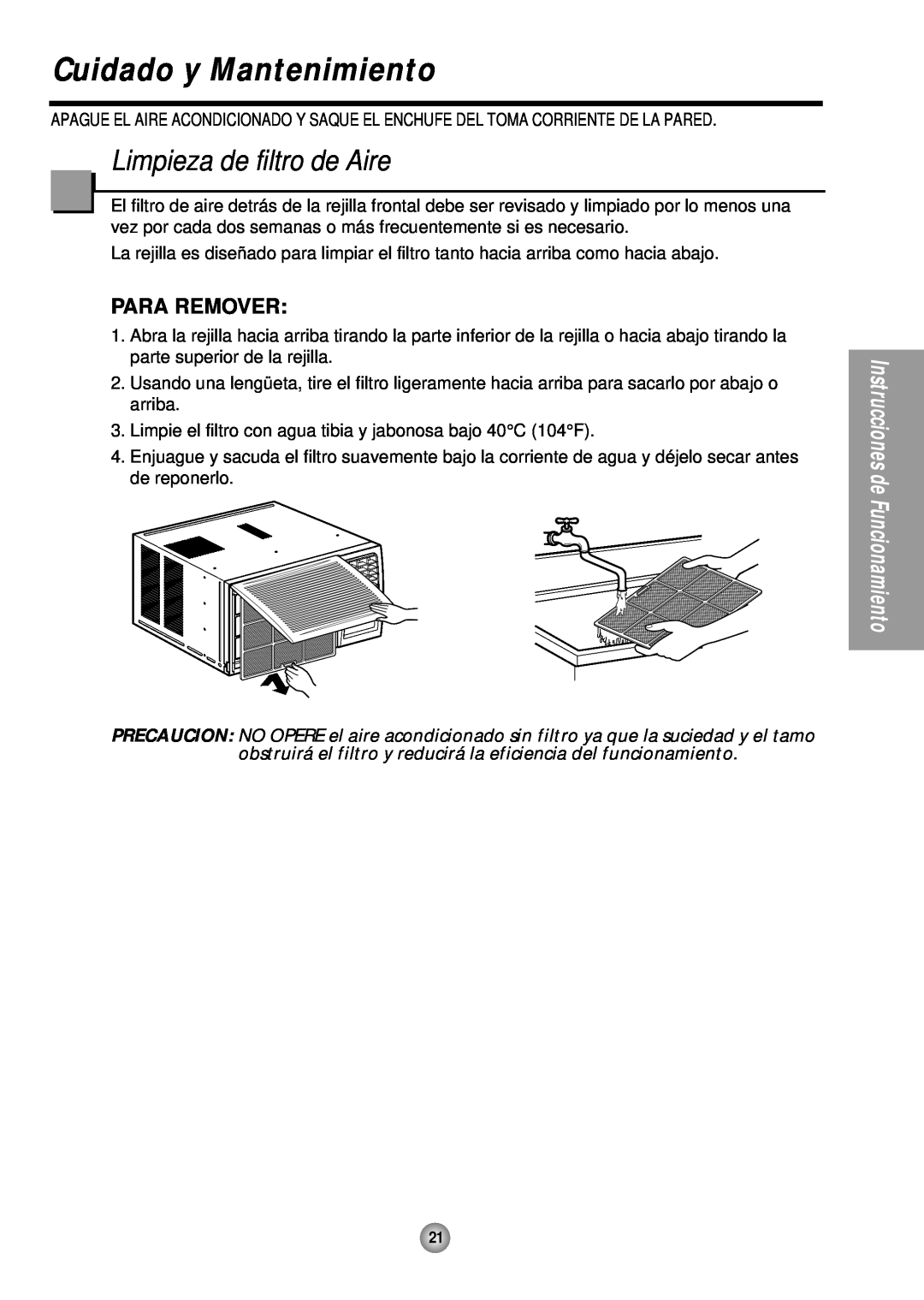 Quasar HQ-2081TH manual Cuidado y Mantenimiento, Limpieza de filtro de Aire, Para Remover 