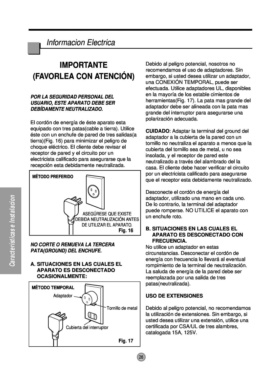 Quasar HQ-2081TH manual Informacion Electrica, Importante, Uso De Extensiones, Favorlea Con Atenció N 