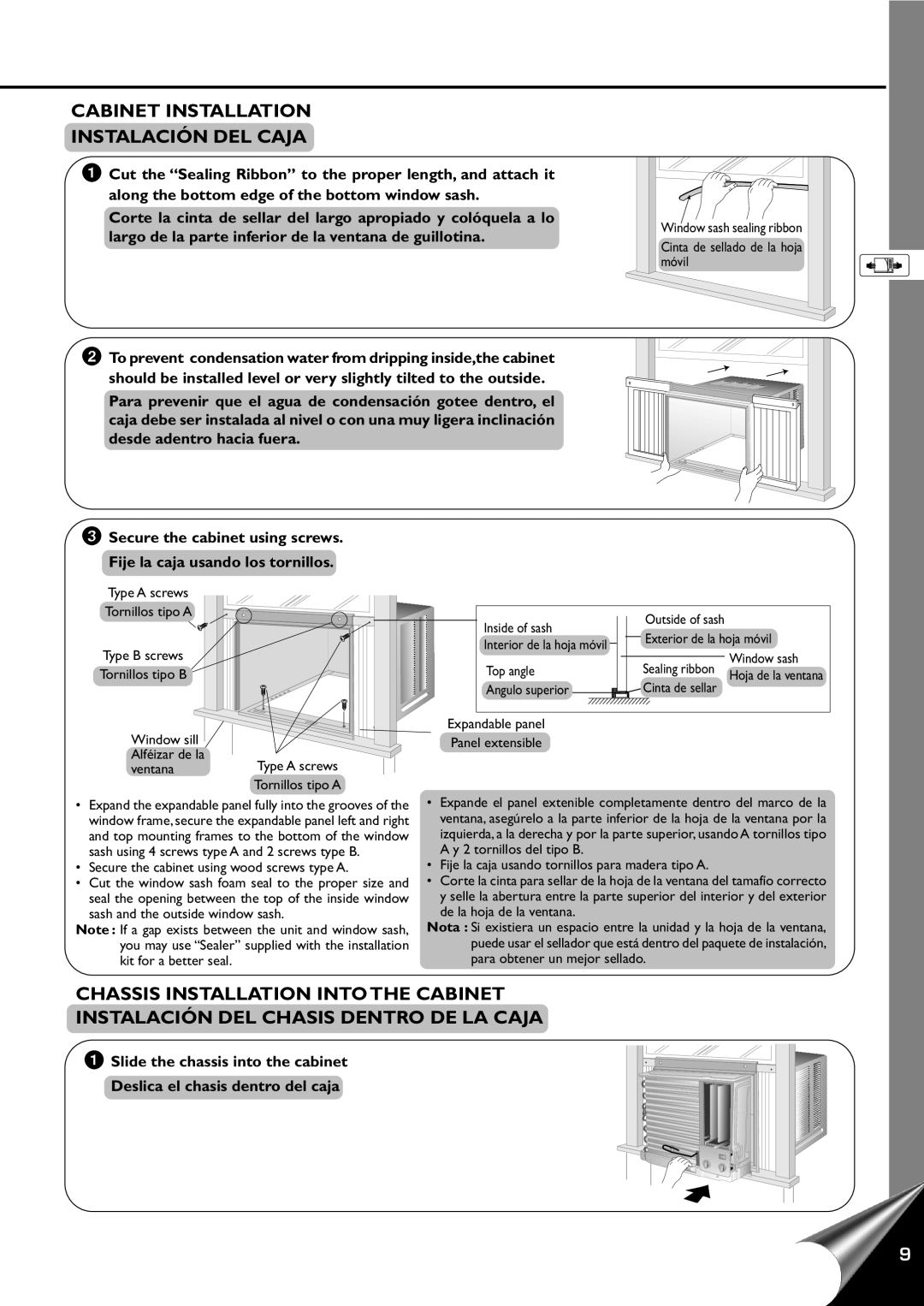 Quasar HQ-2121RH, HQ-2101RH manual Cabinet Installation Instalación DEL Caja, Desde adentro hacia fuera 