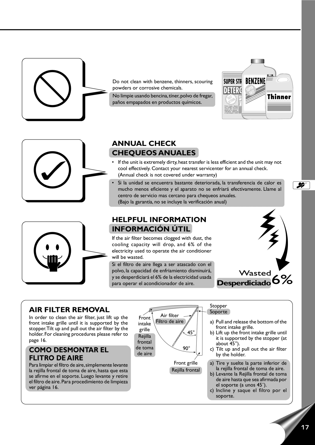 Quasar HQ-2121RH, HQ-2101RH manual Annual Check Chequeos Anuales, Helpful Information Información Útil, AIR Filter Removal 