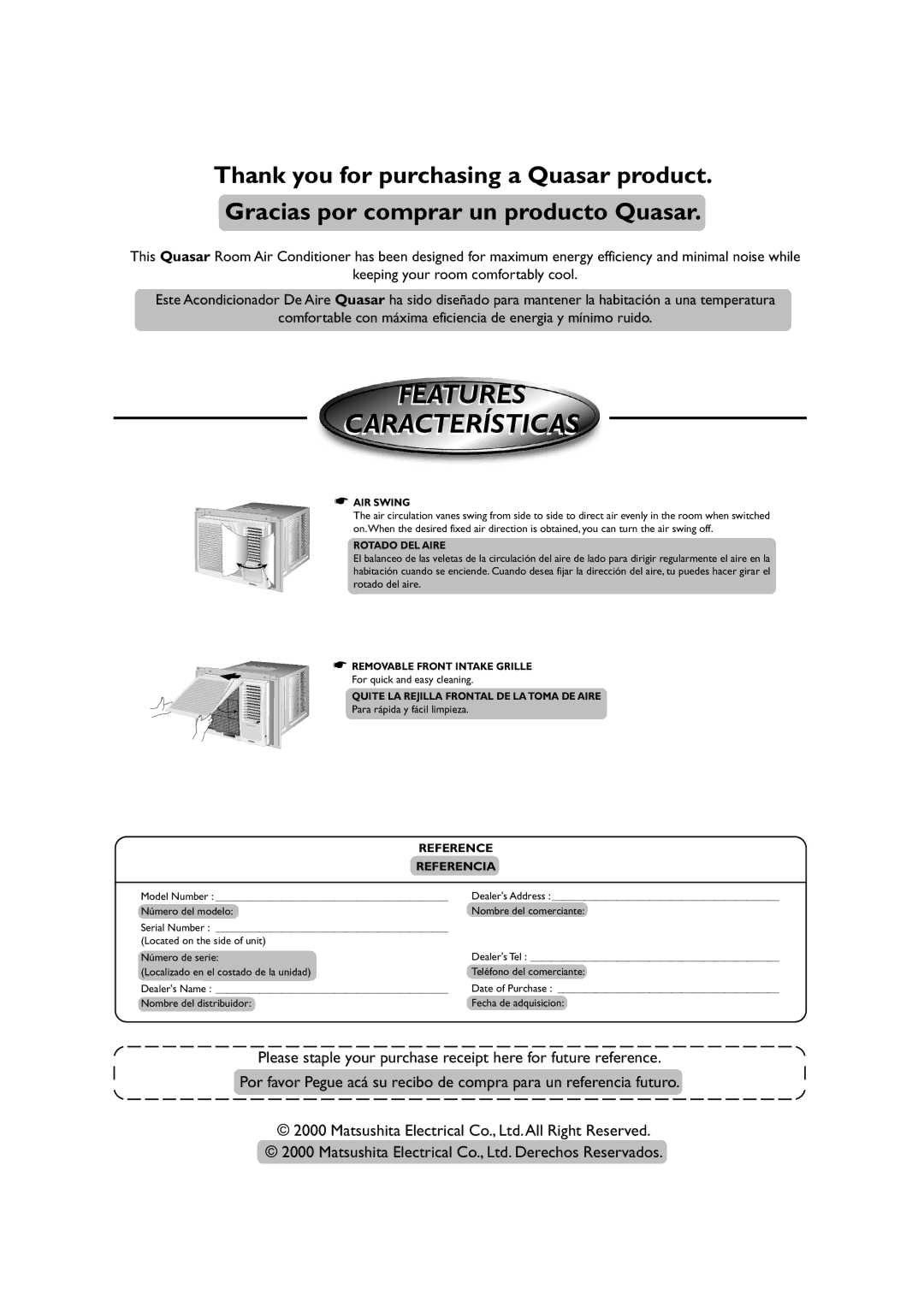 Quasar HQ-2101RH, HQ-2121RH manual Features Características, AIR Swing 