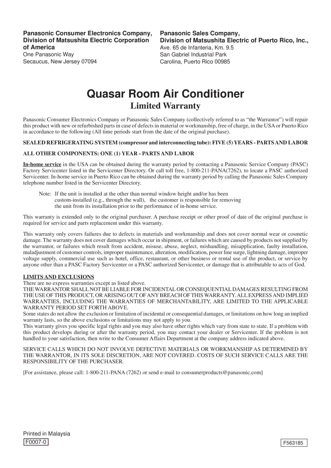 Quasar HQ-2101RH, HQ-2121RH manual Division of Matsushita Electric of Puerto Rico, Inc, Ave de Infanteria, Km, F0007-0 