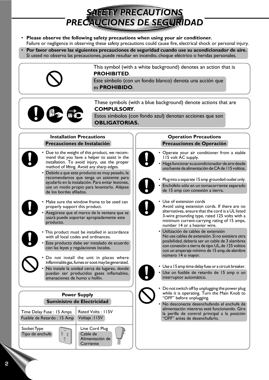 Quasar HQ-2101RH, HQ-2121RH manual Safety Precautions Precauciones DE Seguridad, Prohibited, Compulsory, Obligatorias 