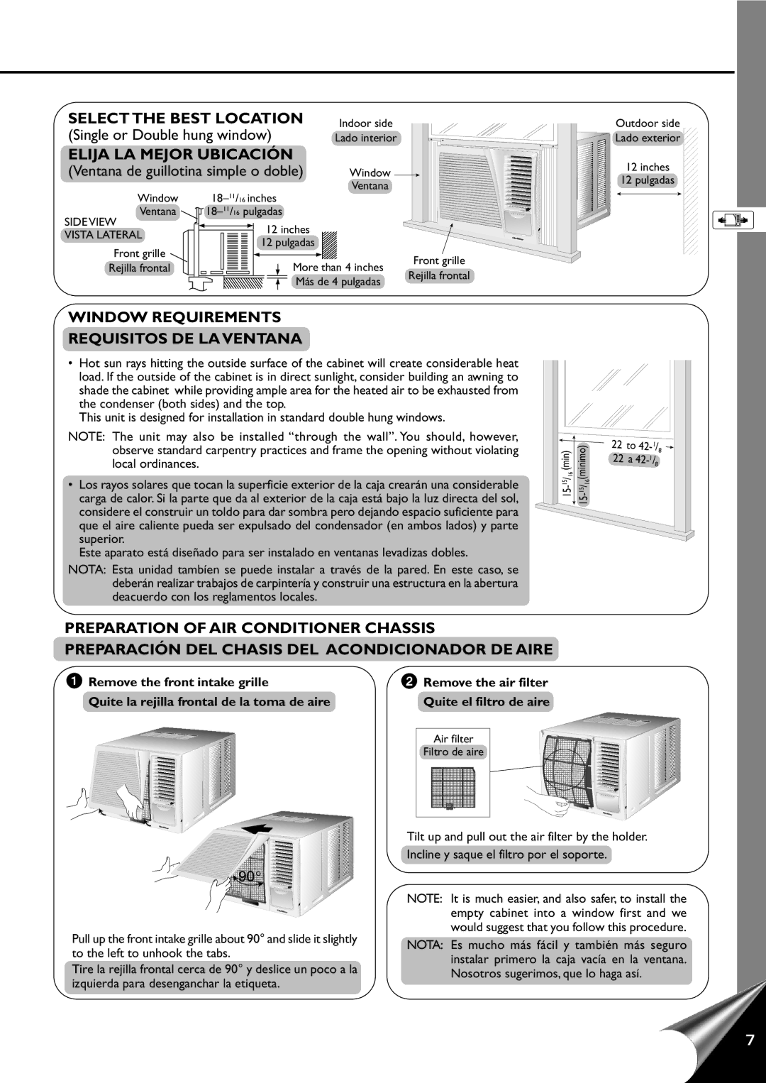 Quasar HQ-2121RH manual Select the Best Location, Elija LA Mejor Ubicación, Window Requirements Requisitos DE LA Ventana 