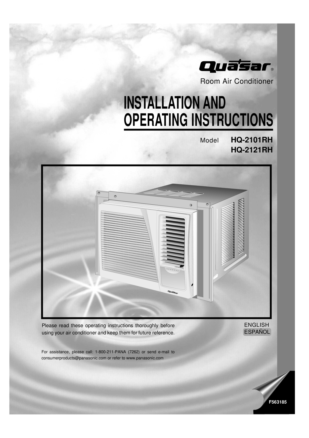 Quasar HQ-2121RH manual Installation And, Operating Instructions, Room Air Conditioner, HQ-2101RH, Model, English, Español 