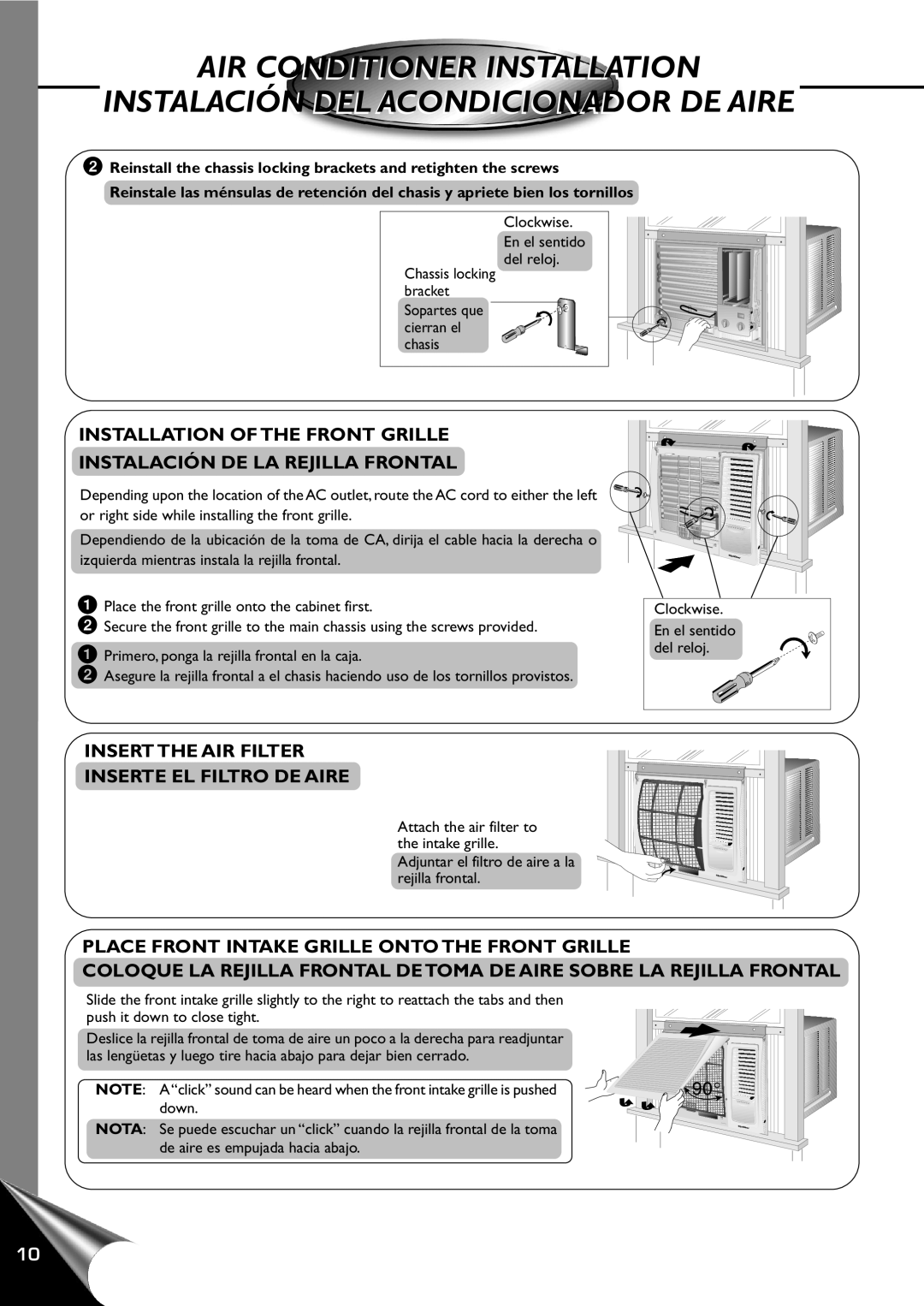 Quasar HQ-2101RH manual Installation Of The Front Grille, Instalación De La Rejilla Frontal, Air Conditioner Installation 