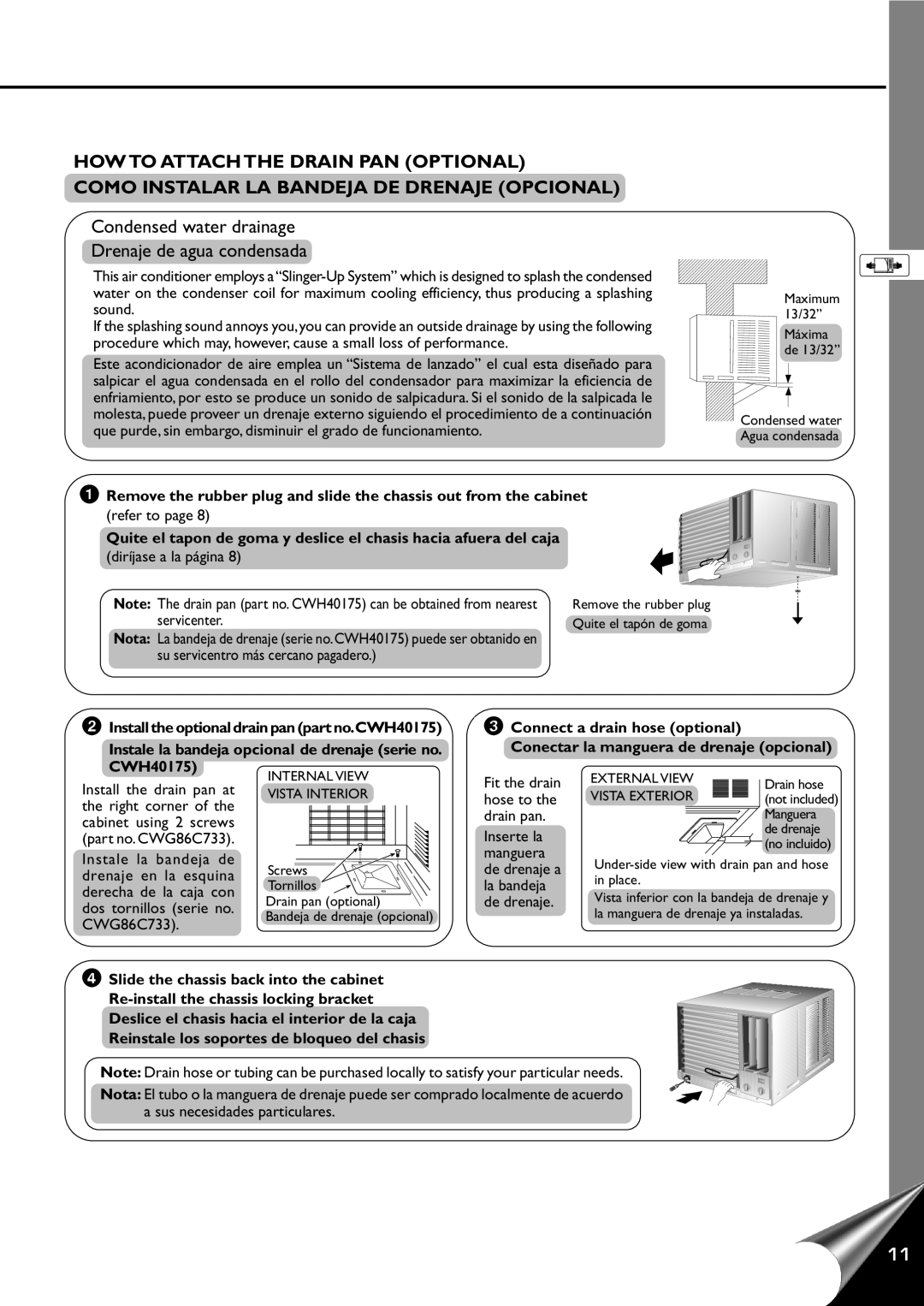 Quasar HQ-2121RH, HQ-2101RH manual How To Attach The Drain Pan Optional, Como Instalar La Bandeja De Drenaje Opcional 