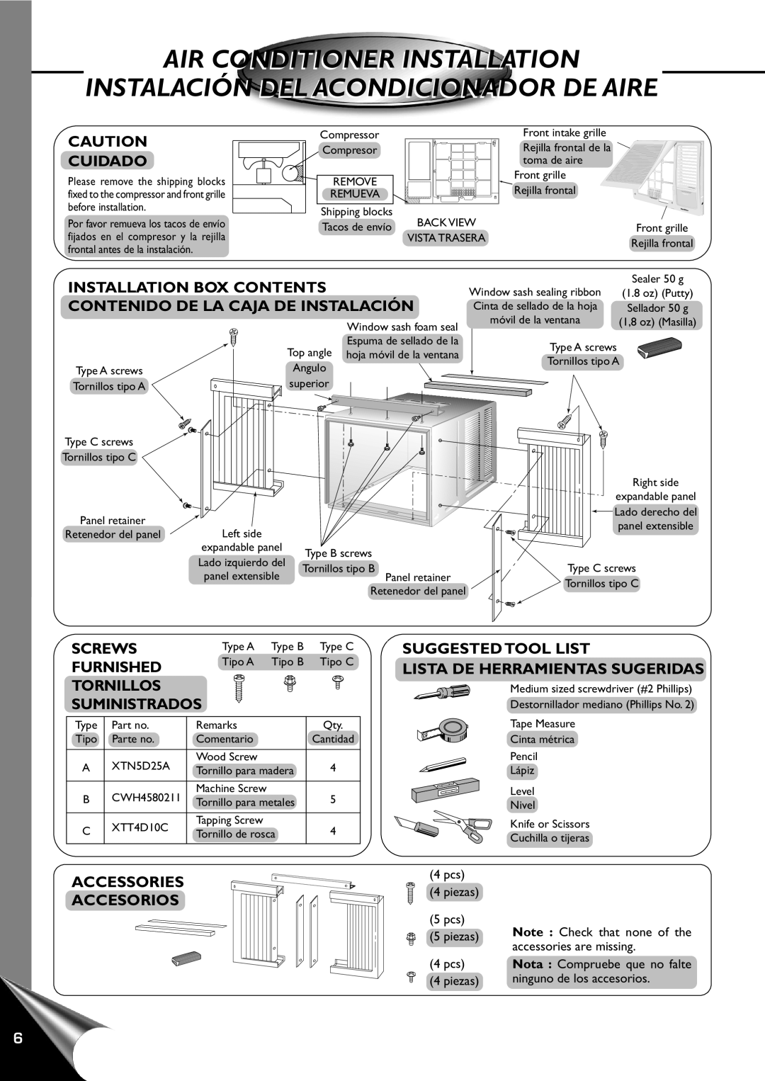 Quasar HQ-2101RH Air Conditioner Installation, Instalación Del Acondicionador De Aire, Installation Box Contents, Screws 