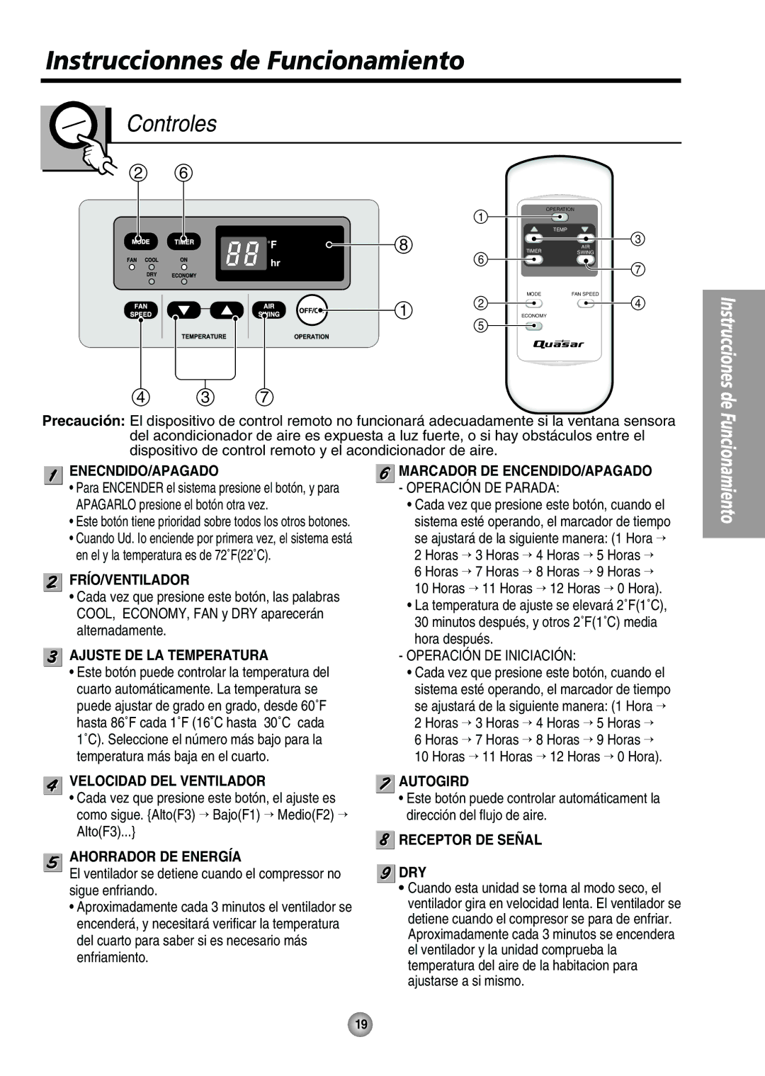 Quasar HQ-2244UH operating instructions Instruccionnes de Funcionamiento, Controles 