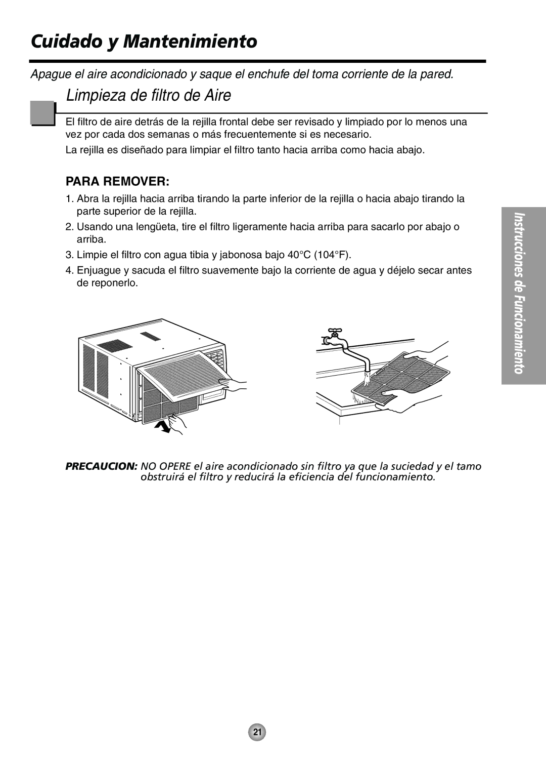 Quasar HQ-2244UH operating instructions Cuidado y Mantenimiento, Limpieza de filtro de Aire 