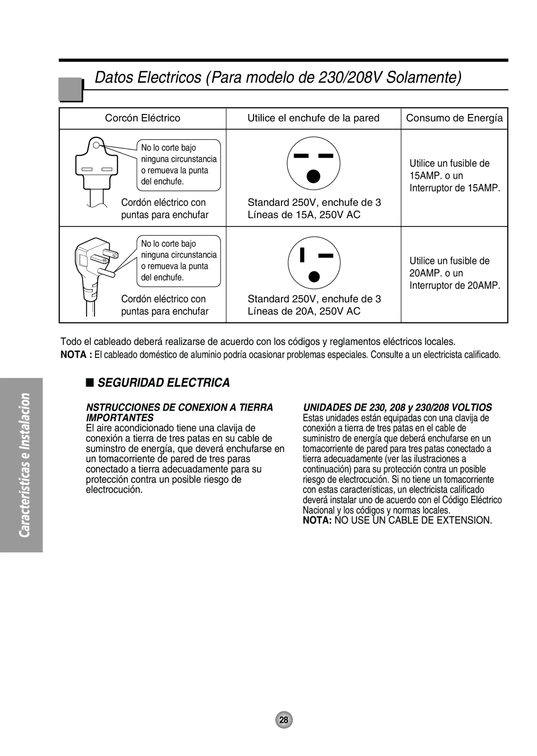 Quasar HQ-2244UH operating instructions Datos Electricos Para modelo de 230/208V Solamente, Seguridad Electrica 