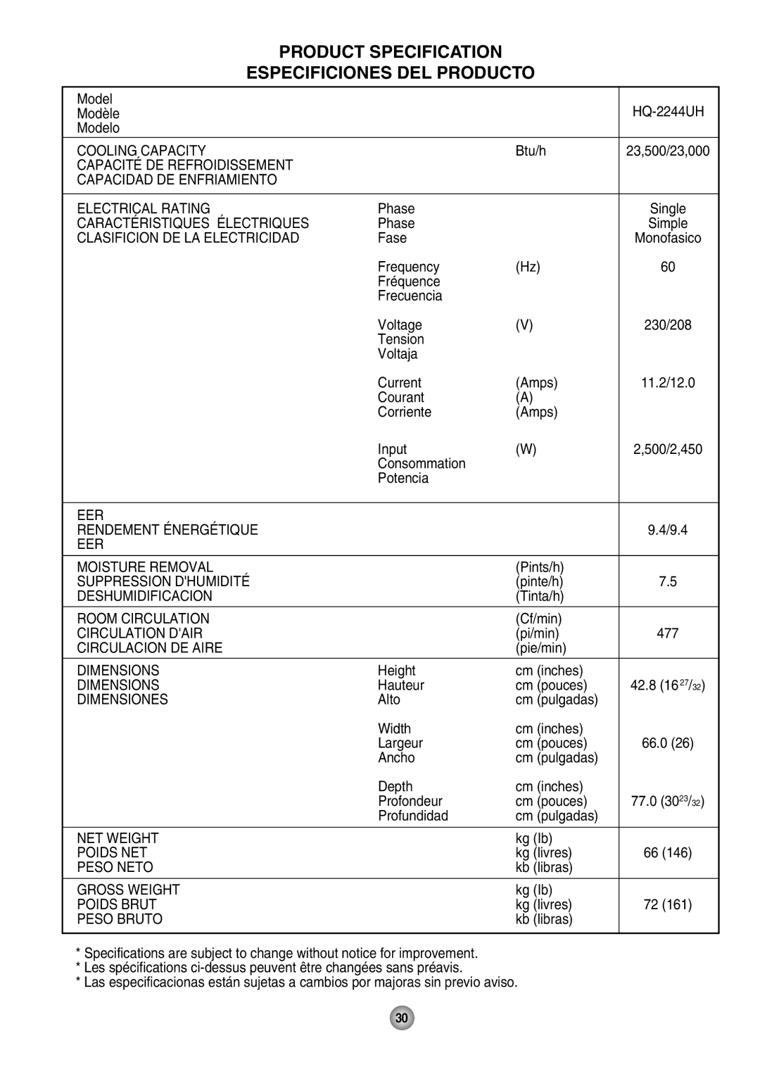 Quasar HQ-2244UH operating instructions Product Specification Especificiones DEL Producto 