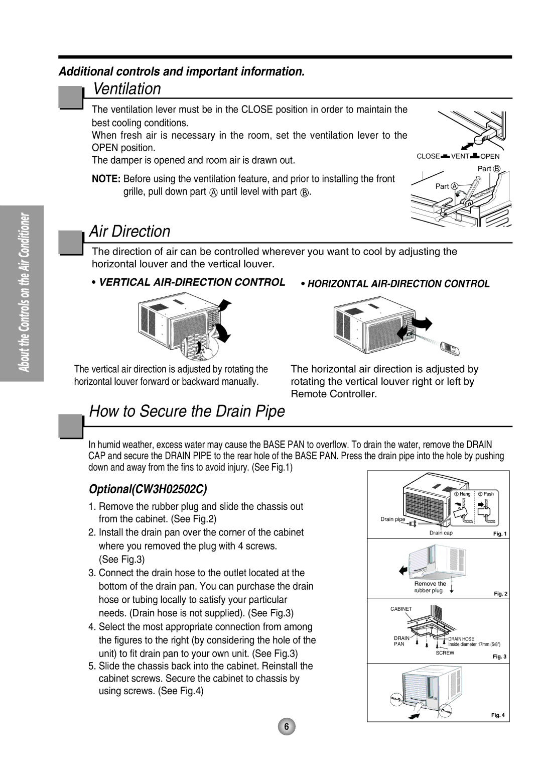 Quasar HQ-2244UH operating instructions Ventilation, Air Direction, How to Secure the Drain Pipe, OptionalCW3H02502C 