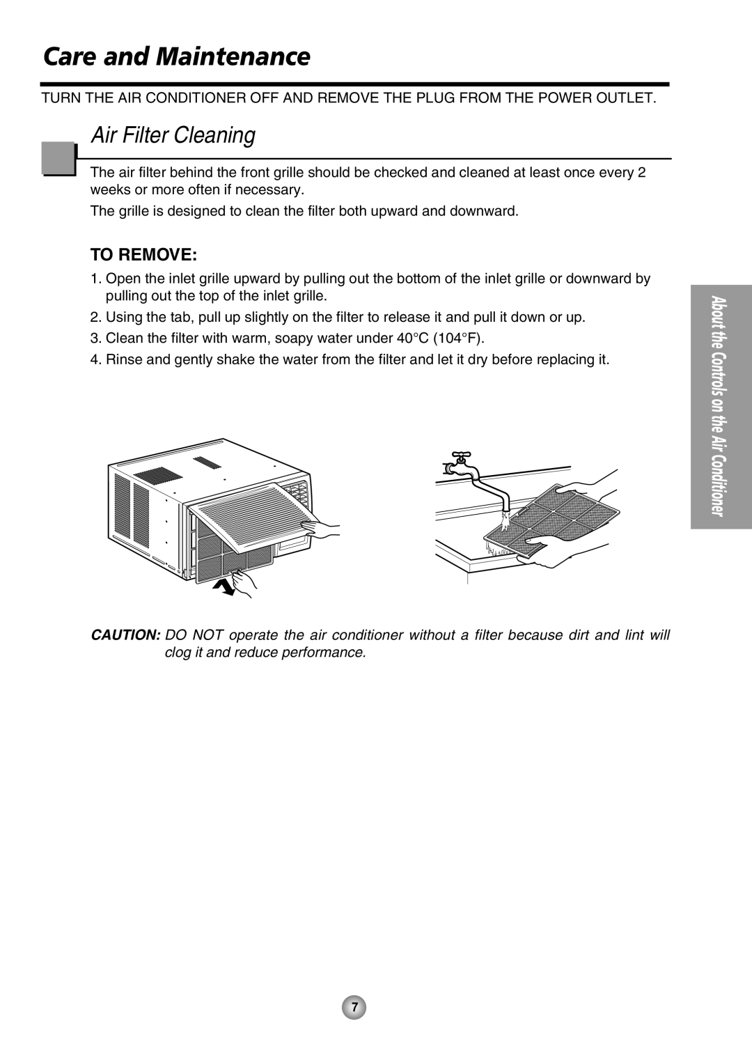 Quasar HQ-2244UH operating instructions Care and Maintenance, Air Filter Cleaning 