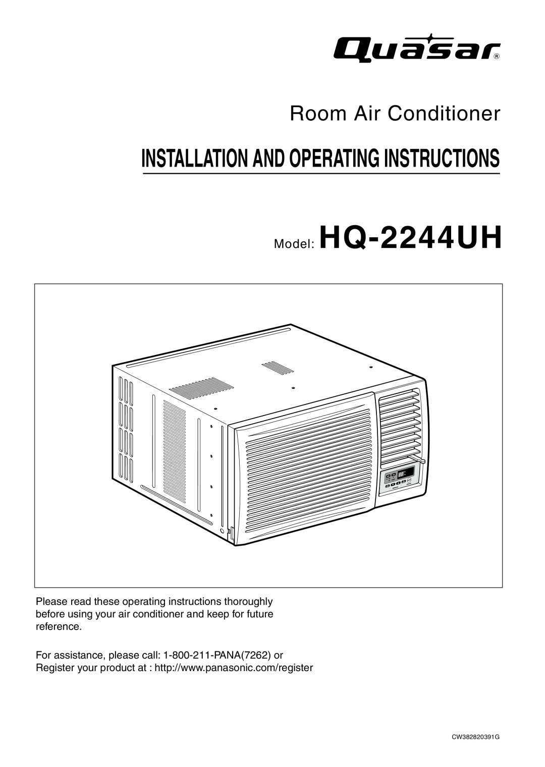 Quasar operating instructions Installation And Operating Instructions, Model HQ-2244UH, Room Air Conditioner 