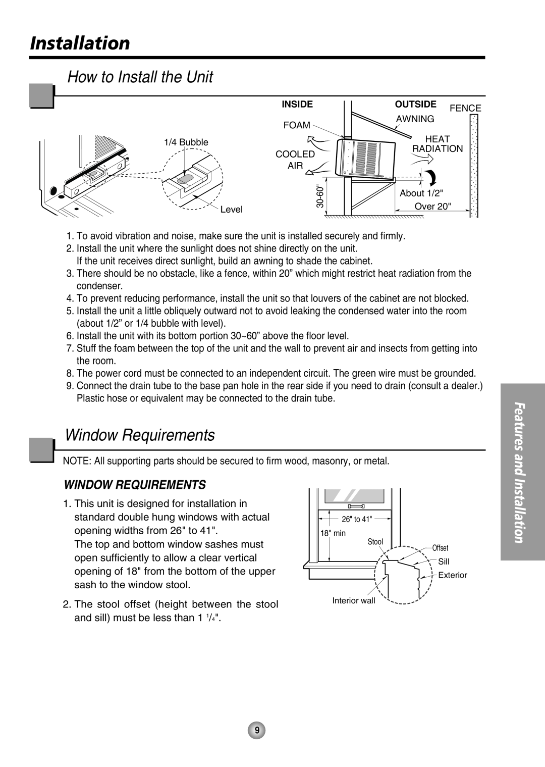 Quasar HQ-2244UH operating instructions Installation, How to Install the Unit, Window Requirements, Features and 