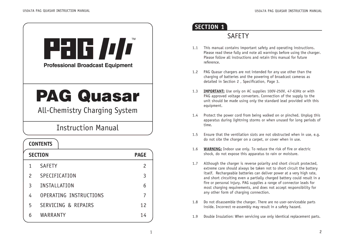 Quasar instruction manual PAG Quasar, Safety 