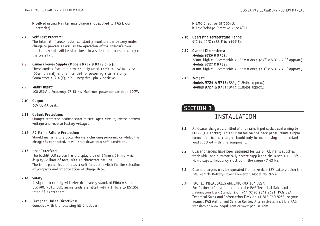 Quasar PAG instruction manual Installation 