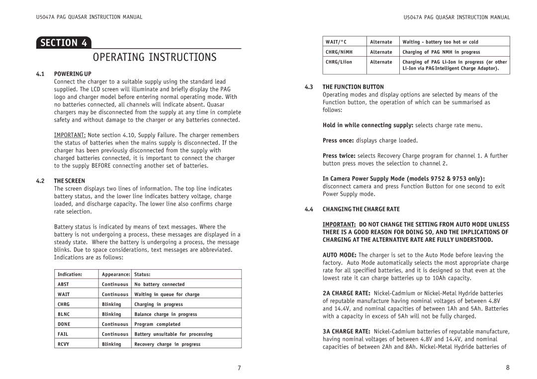 Quasar PAG instruction manual Operating Instructions, Powering UP, Screen, Function Button, Changing the Charge Rate 