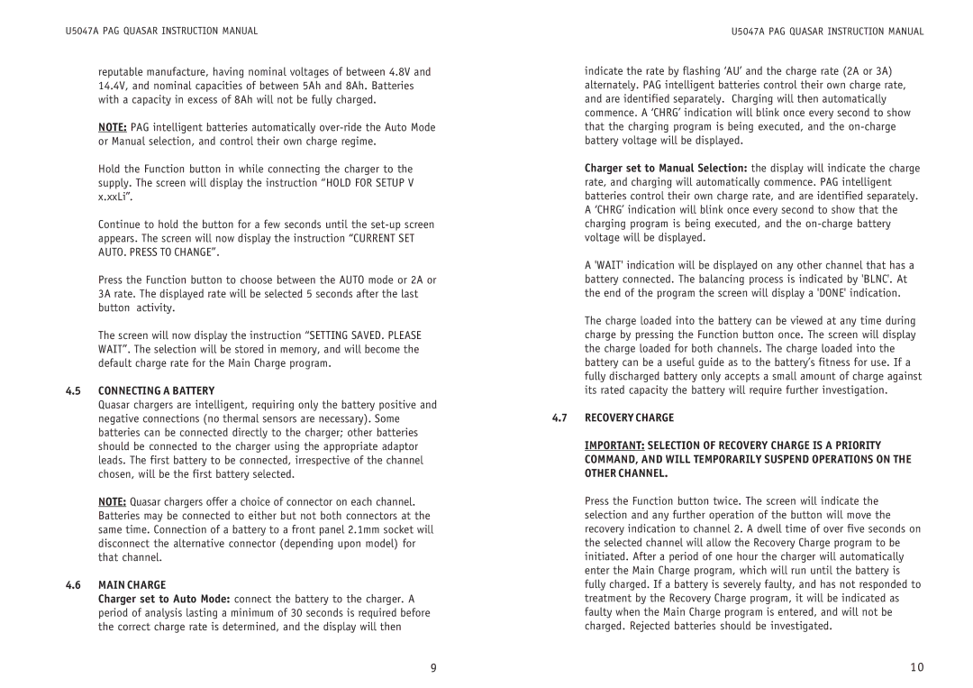Quasar PAG instruction manual Connecting a Battery, Main Charge 