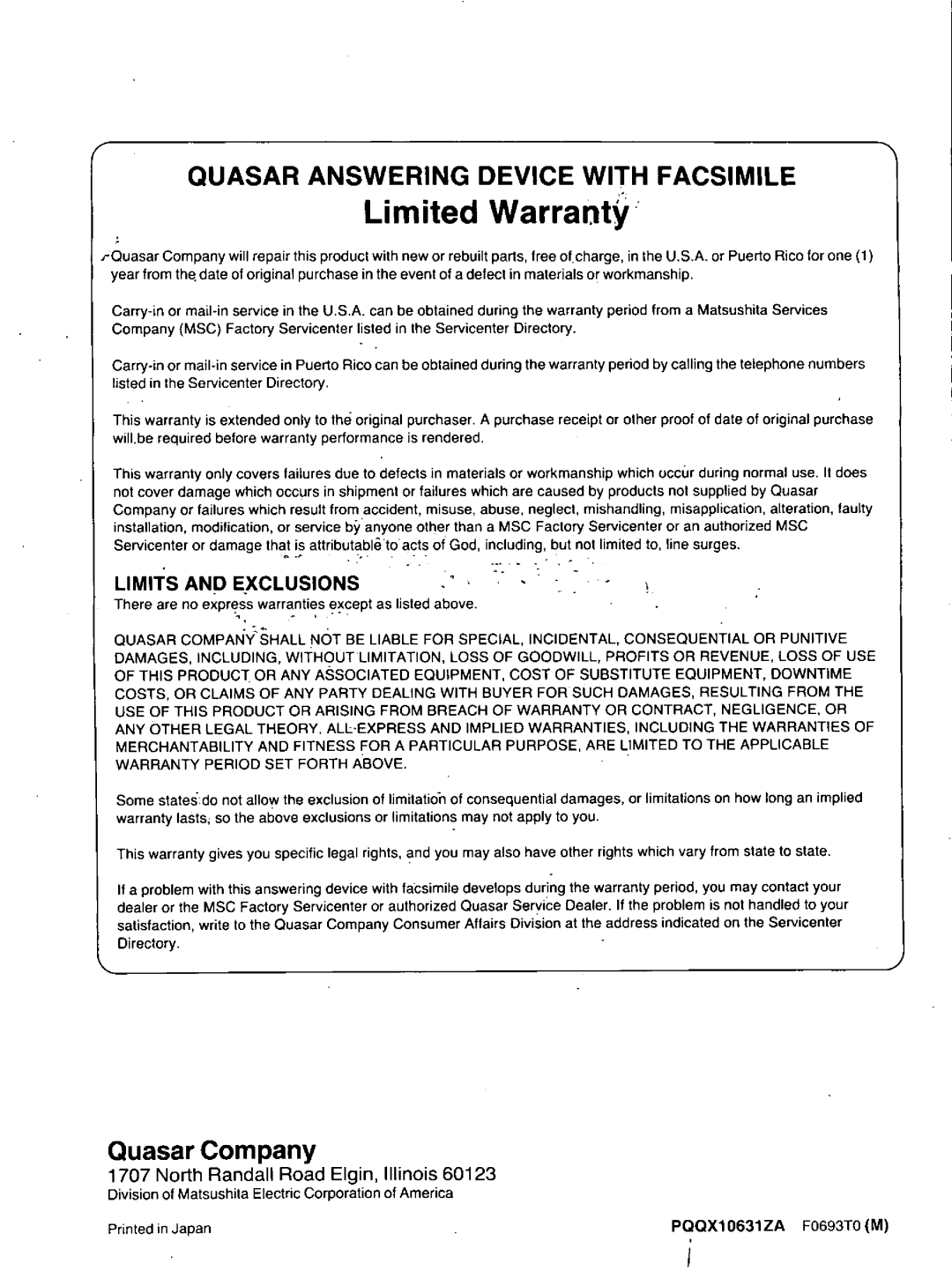 Quasar PAX405 manual 