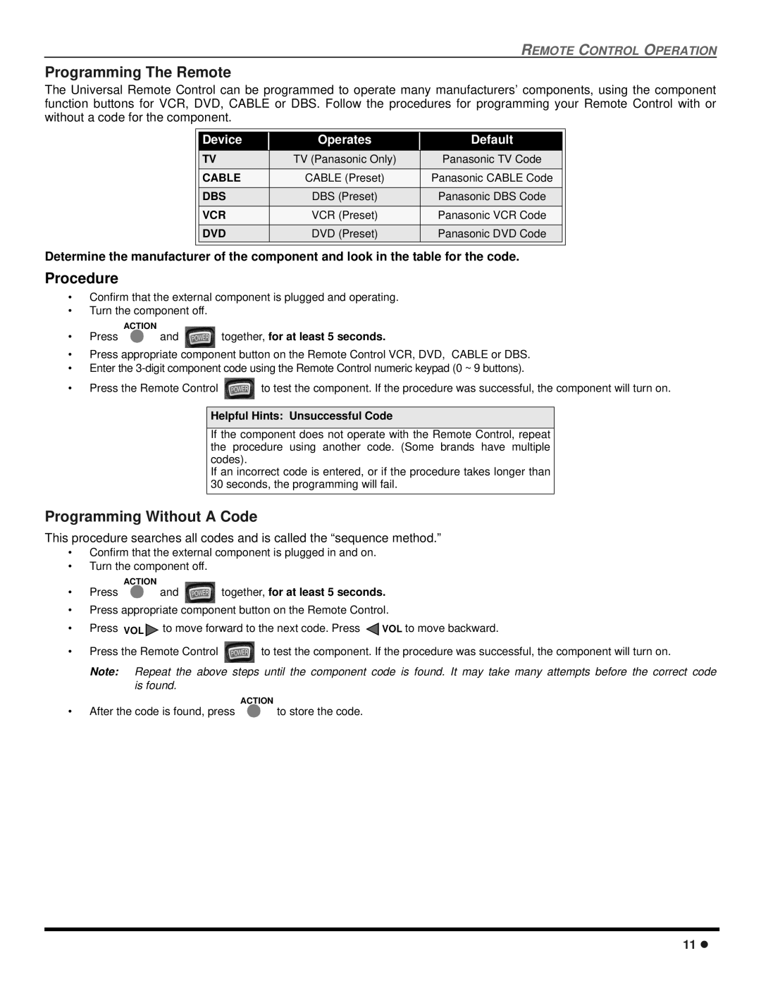 Quasar SP-3235 operating instructions Programming The Remote, Programming Without a Code, Together, for at least 5 seconds 