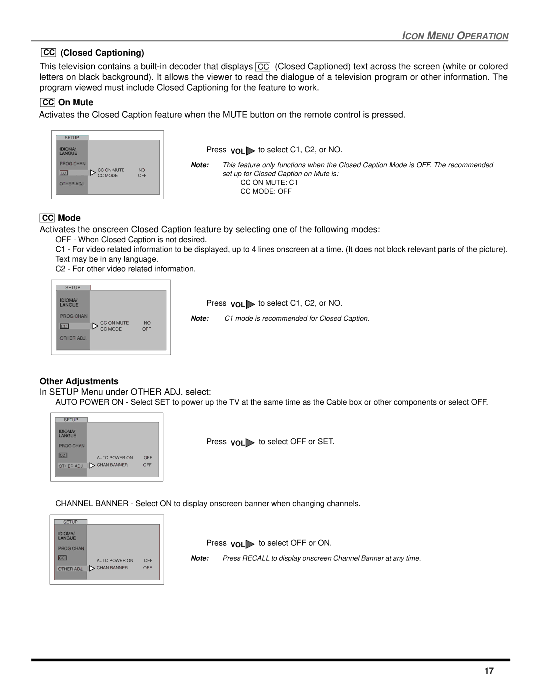 Quasar SP-3235 operating instructions CC Mode, Other Adjustments, Setup Menu under Other ADJ. select 